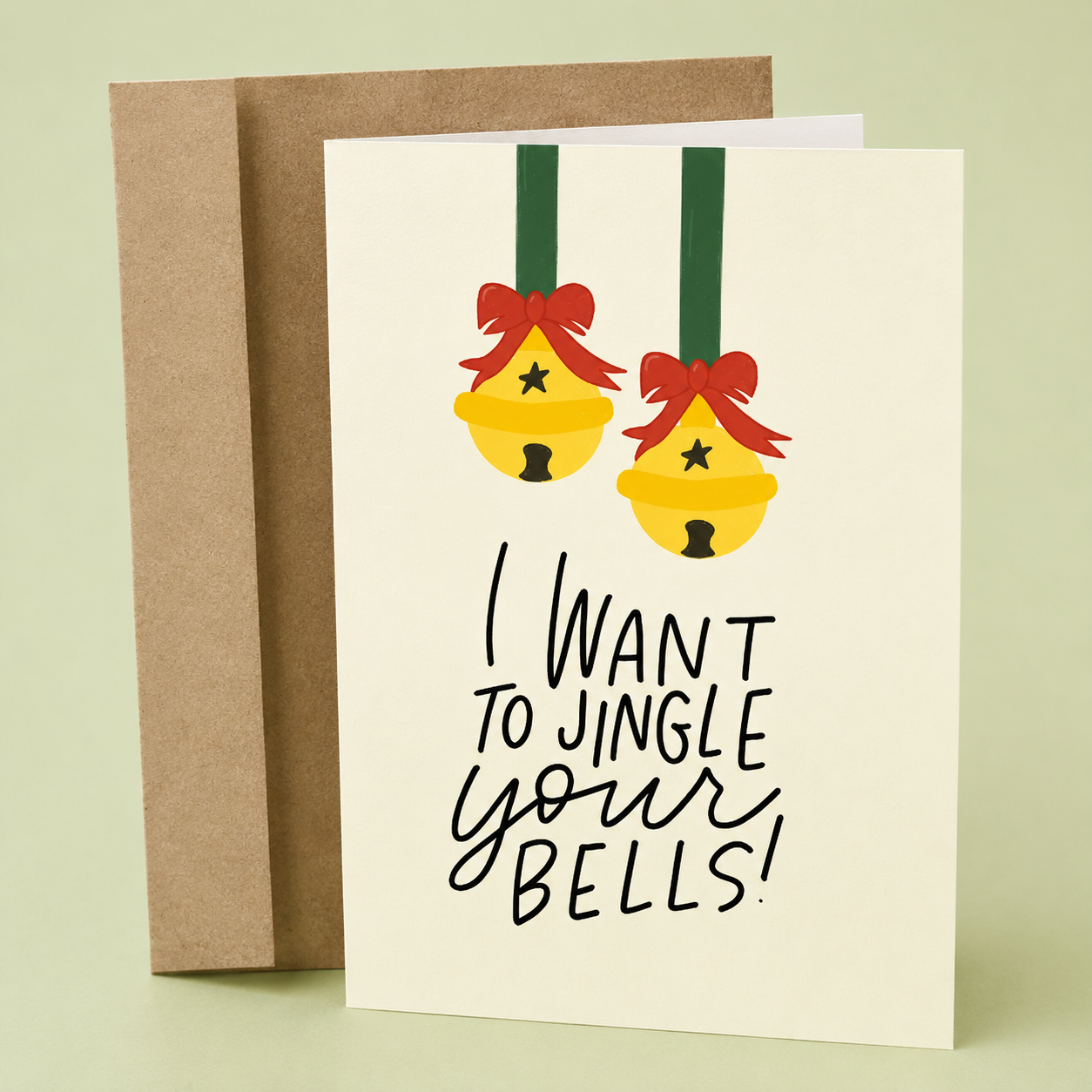 Sleazy Greetings funny Christmas greeting card featuring holiday jingle bells and the phrase “I Want to Jingle Your Bells,” a humorous adult holiday card for boyfriend, girlfriend, husband, wife, partner, Christmas parties, gift exchanges, or anyone who loves cheeky Christmas humor.