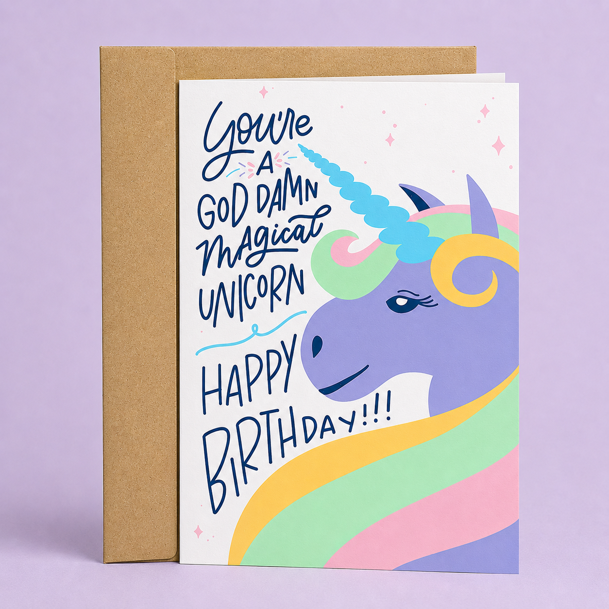 Sleazy Greetings funny unicorn birthday card featuring the phrase “You’re a God Damn Magical Unicorn, Happy Birthday!” with a colorful rainbow unicorn illustration, a humorous birthday card for friends, family, coworkers, sisters, daughters, unicorn lovers, or anyone who deserves an extra-magical birthday