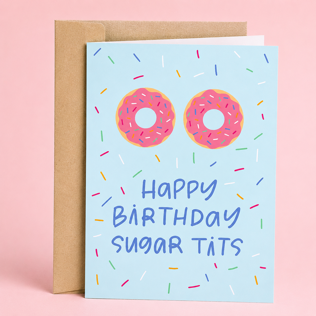 Sleazy Greetings funny birthday card featuring pink frosted donuts and the phrase “Happy Birthday Sugar Tits,” a humorous adult birthday card for best friends, sisters, coworkers, wives, girlfriends, or anyone who loves bold, cheeky birthday humor.