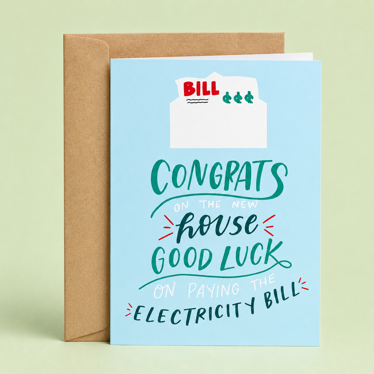 Sleazy Greetings funny housewarming card featuring the phrase “Congrats on the New House, Good Luck on Paying the Electricity Bill,” a humorous new home card for homeowners, first-time buyers, friends, family, neighbors, or moving celebrations.
