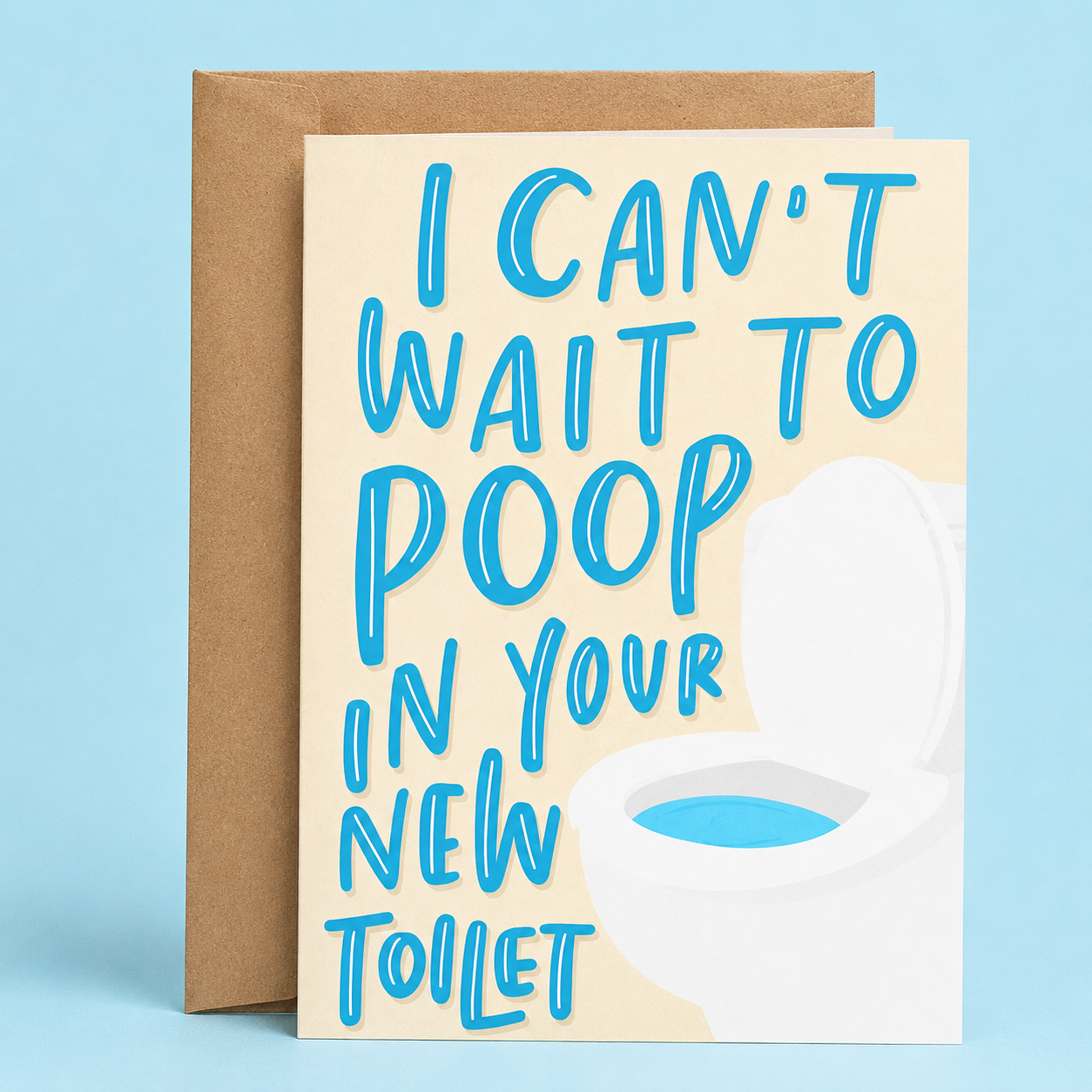 Sleazy Greetings funny New Year’s greeting card featuring a toilet and the phrase “I Can’t Wait to Poop in Your New Toilet,” a humorous housewarming card for new homeowners, first-time buyers, friends, family, neighbors, or moving celebrations.