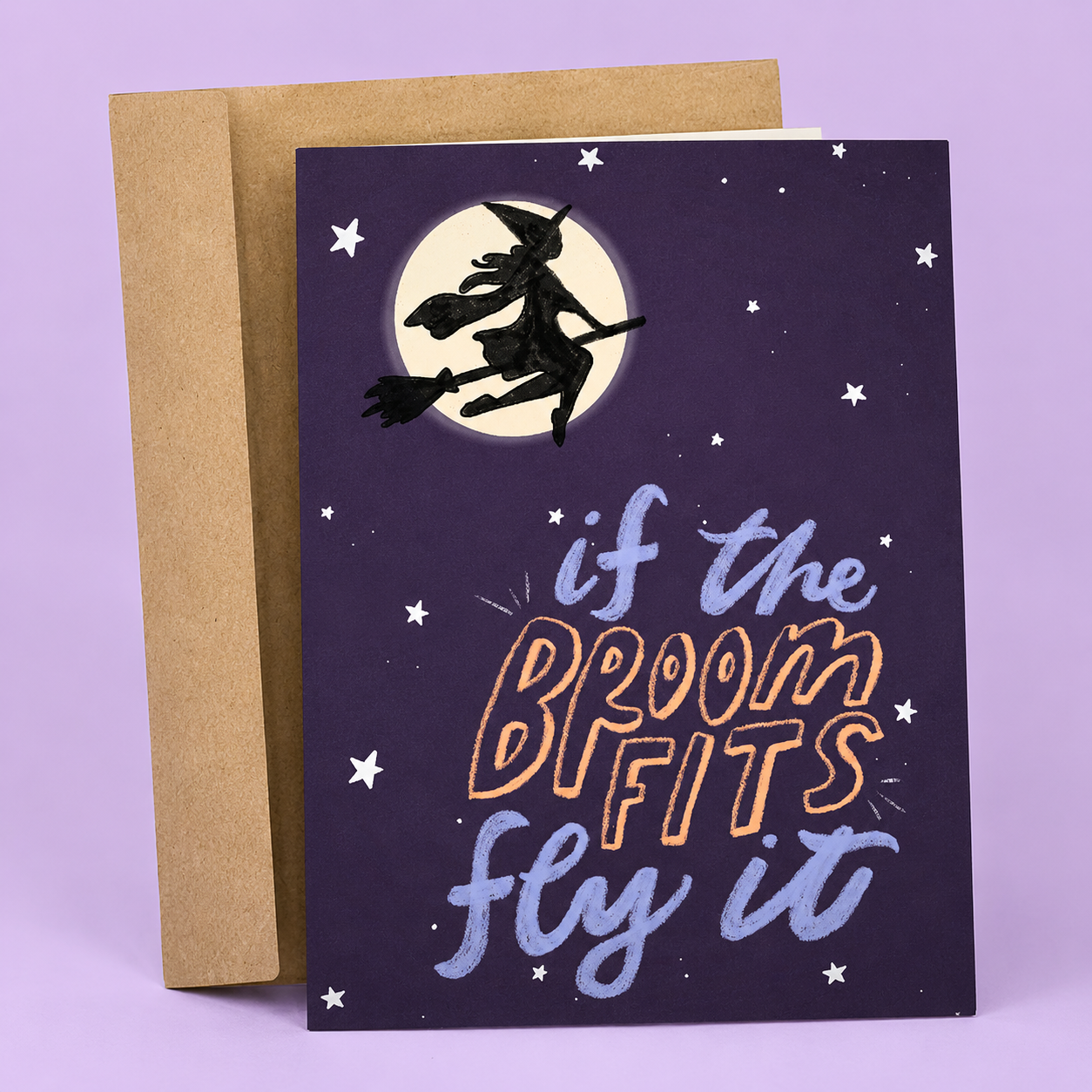 Sleazy Greetings funny Halloween greeting card featuring a witch flying across a full moon and the phrase “If the Broom Fits, Fly It,” a humorous Halloween card for friends, family, coworkers, witches, or anyone who loves spooky season and playful humor.