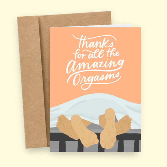 Sleazy Greetings funny adult thank you card featuring the phrase “Thanks for All the Amazing Orgasms,” a humorous romantic appreciation card for boyfriend, girlfriend, husband, wife, partner, anniversary, Valentine’s Day, or relationship celebration.