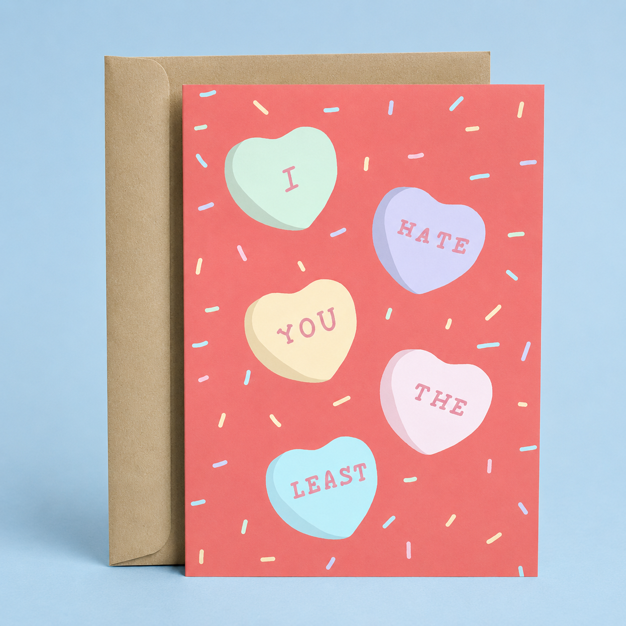Sleazy Greetings funny Valentine's Day greeting card featuring conversation heart candies with the phrase “I Hate You the Least,” a humorous love card for boyfriend, girlfriend, husband, wife, anniversary, Valentine's Day, or long-term relationships.