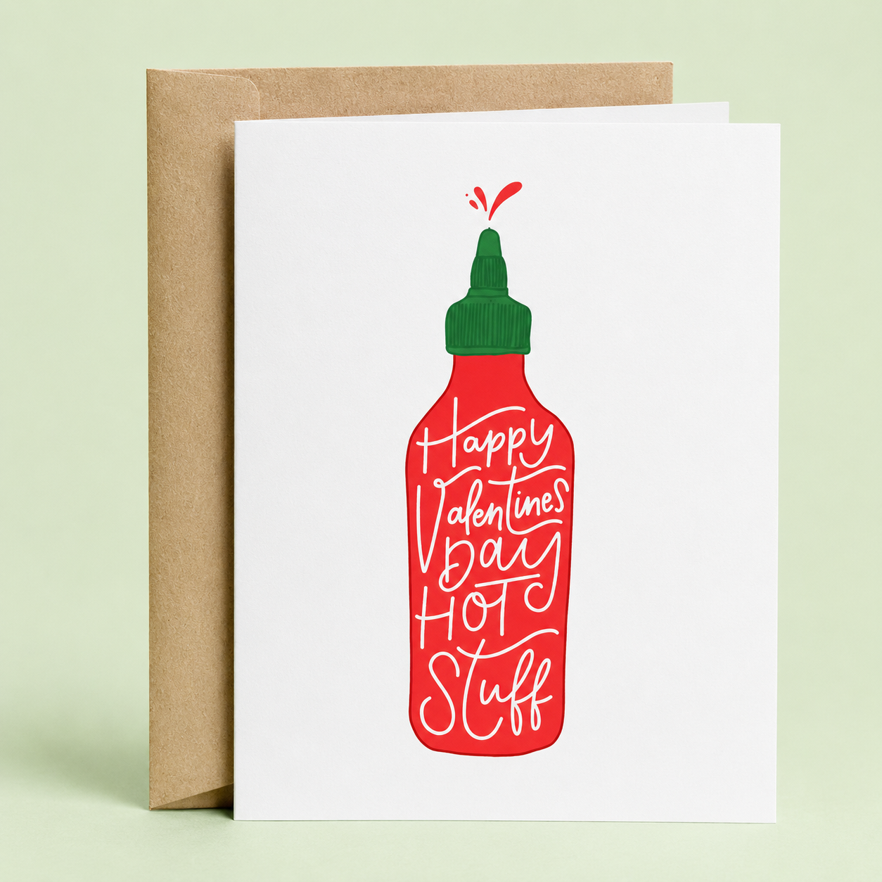 Sleazy Greetings funny Valentine's Day greeting card featuring a hot sauce bottle and the phrase “Happy Valentine’s Day Hot Stuff,” a humorous romantic card for boyfriend, girlfriend, husband, wife, anniversary, or love celebration.
