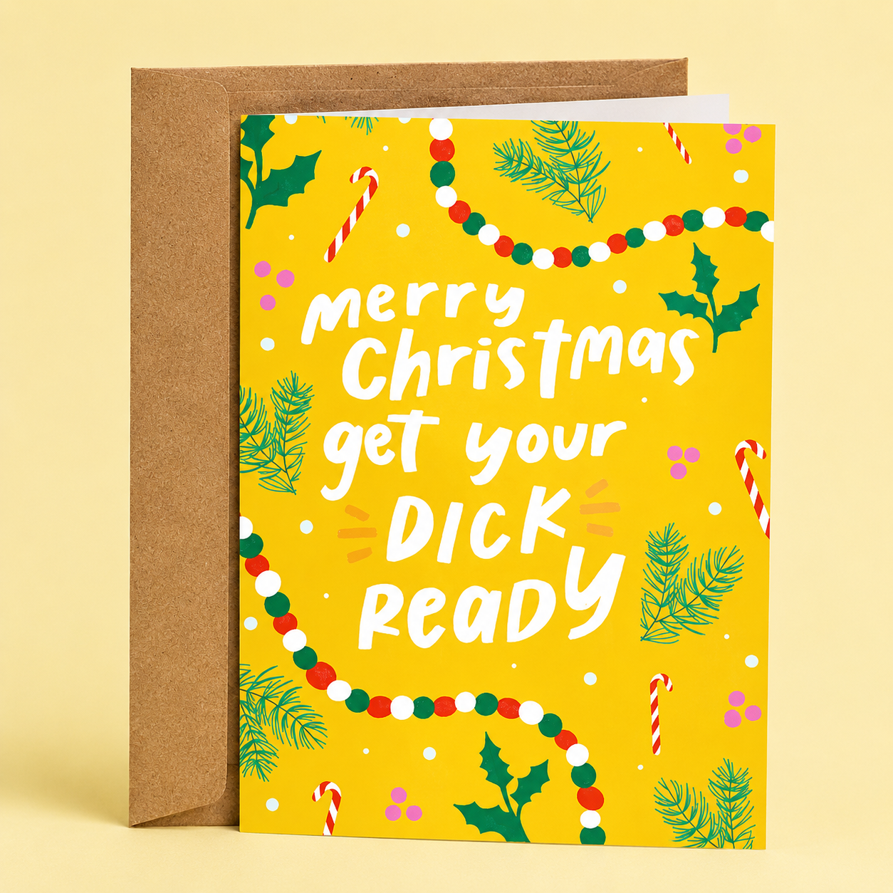Sleazy Greetings funny Christmas greeting card featuring “Merry Christmas Get Your Dick Ready,” a humorous adult holiday card with festive decorations, perfect gag gift for boyfriend, husband, partner, or Christmas party.