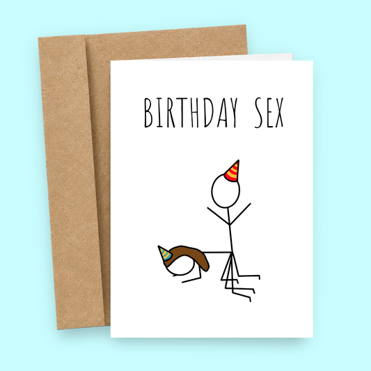 Sleazy Greetings funny adult birthday greeting card featuring a minimalist stick figure illustration of birthday sex with party hats and the text “Birthday Sex,” displayed with a kraft envelope for a humorous birthday card for a spouse, partner, boyfriend, girlfriend, husband, or wife.