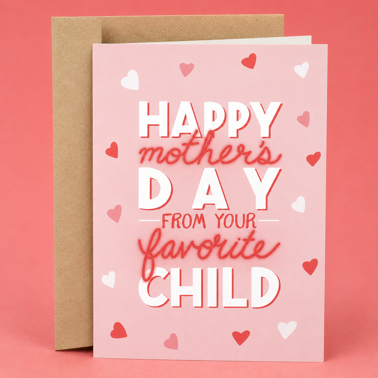 Sleazy Greetings funny Mother’s Day greeting card featuring pink hearts on a blush pink background with the loving message “Happy Mother’s Day From Your Favorite Child,” displayed with a kraft envelope for a sweet, humorous, and heartfelt Mother’s Day gift.