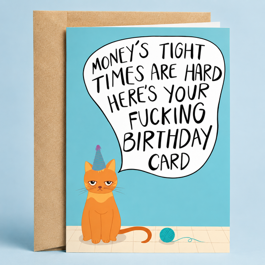 Sleazy Greetings funny birthday greeting card featuring an unimpressed orange cat wearing a party hat with the sarcastic message “Money’s Tight, Times Are Hard, Here’s Your Fucking Birthday Card” on a blue background, displayed with a kraft envelope for a humorous adult birthday card.