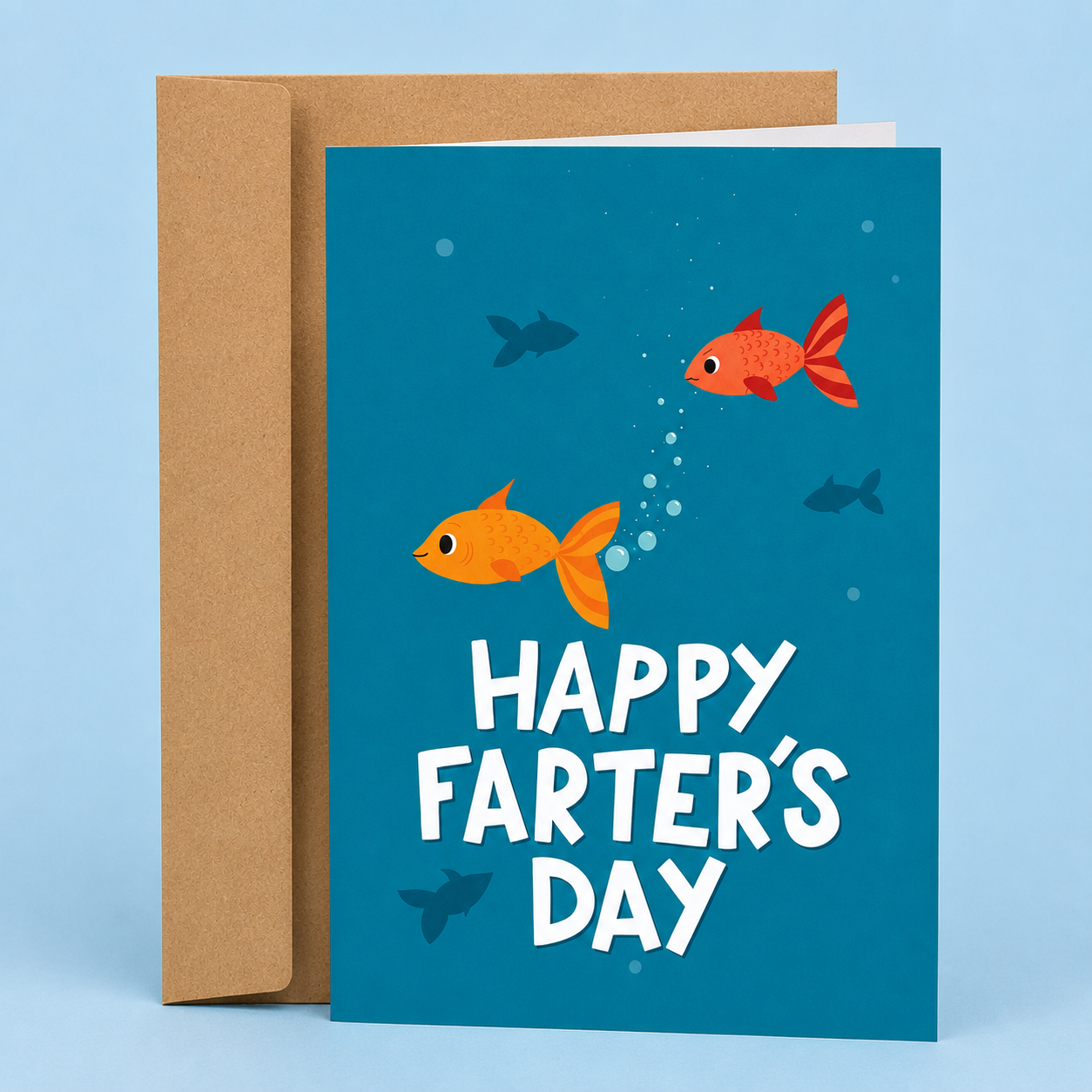 Sleazy Greetings funny Father’s Day greeting card featuring two goldfish underwater with bubbles and the punny message “Happy Farter’s Day” on a blue ocean background, displayed with a kraft envelope for a humorous Father’s Day gift.