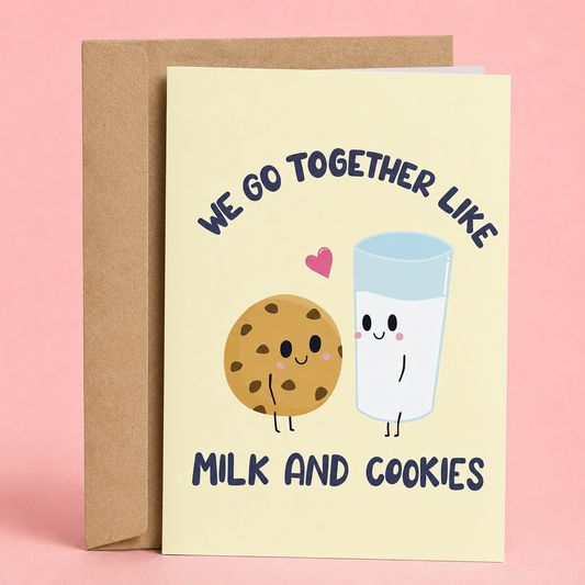 Sleazy Greetings cute love greeting card featuring a smiling chocolate chip cookie and glass of milk with a heart between them and the message “We Go Together Like Milk and Cookies,” displayed with a kraft envelope for an anniversary, Valentine’s Day, or romantic greeting card.