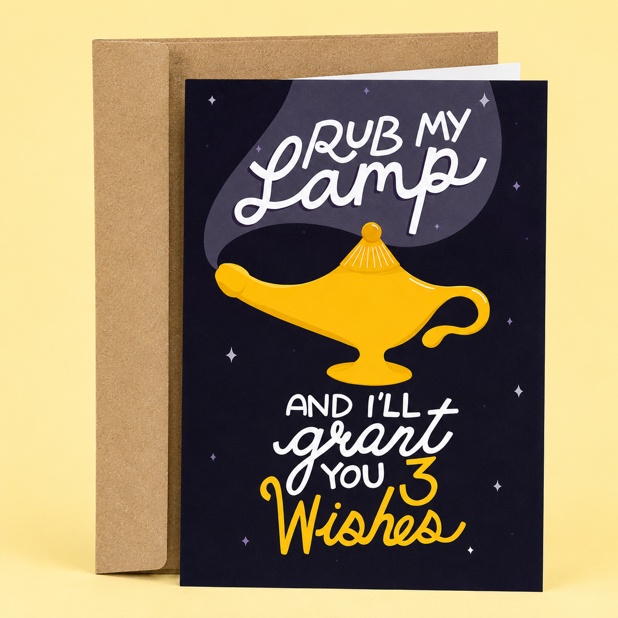 Sleazy Greetings funny adult birthday card featuring a magical genie lamp on a dark starry background. The card reads, “Rub My Lamp and I’ll Grant You 3 Wishes,” making a playful genie-themed innuendo, and is displayed with a kraft envelope.