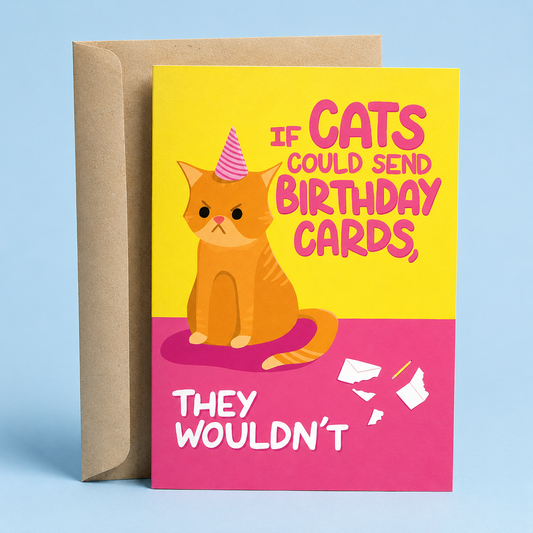 Sleazy Greetings funny cat birthday card featuring a grumpy orange cat wearing a party hat on a bright yellow and pink background, with torn paper and a destroyed envelope beside it, and the joke “If Cats Could Send Birthday Cards, They Wouldn’t,” paired with a kraft envelope.