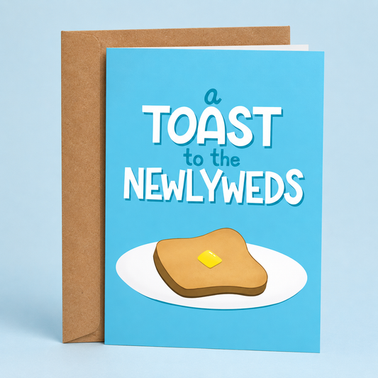 Sleazy Greetings funny wedding card featuring a single slice of buttered toast on a plate against a bright blue background, with the pun-filled congratulatory message “A Toast to the Newlyweds,” paired with a kraft envelope.