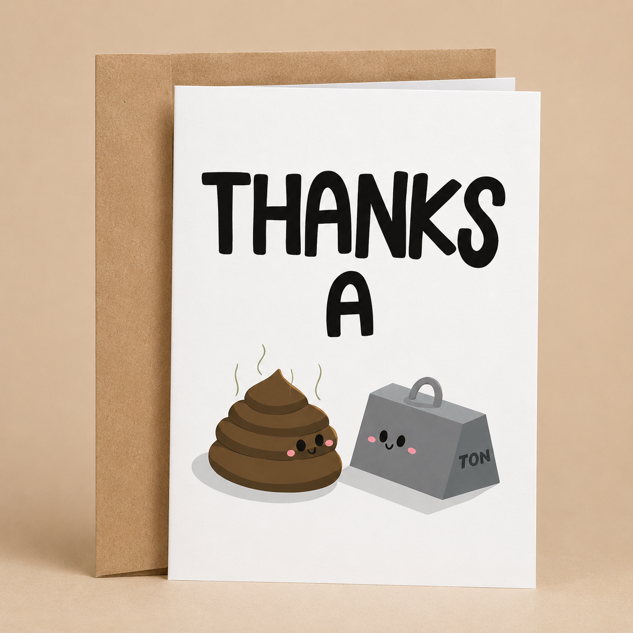 Sleazy Greetings funny thank you card featuring a cute smiling pile of poop and a heavy weight labeled “TON” on a white background, with the punny appreciation message “Thanks a Ton,” paired with a kraft envelope.