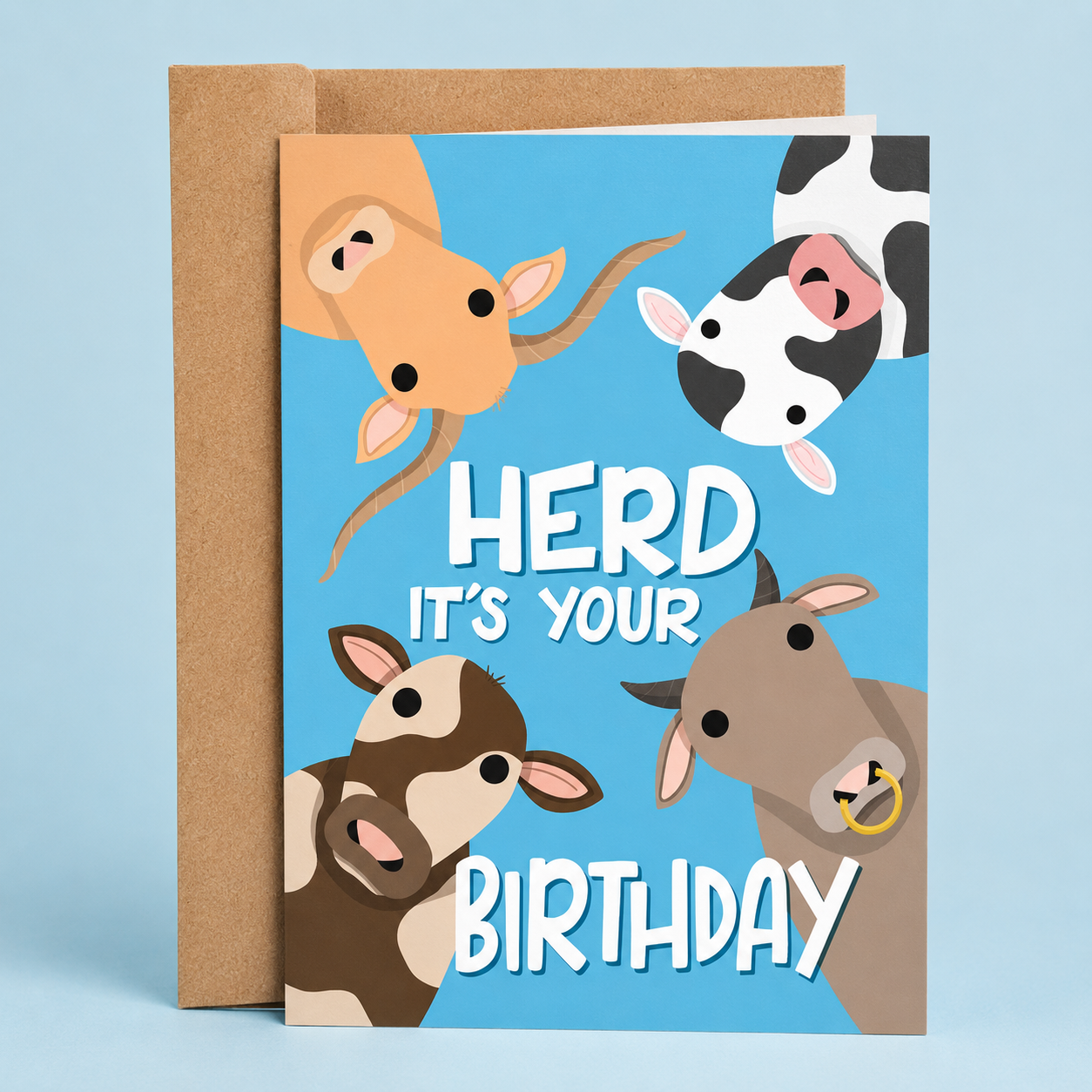 Sleazy Greetings funny farm animal birthday card featuring four curious cows peeking in from the corners on a bright blue background, with the cow pun “Herd It’s Your Birthday,” paired with a kraft envelope.