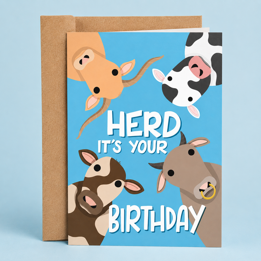 Sleazy Greetings funny farm animal birthday card featuring four curious cows peeking in from the corners on a bright blue background, with the cow pun “Herd It’s Your Birthday,” paired with a kraft envelope.