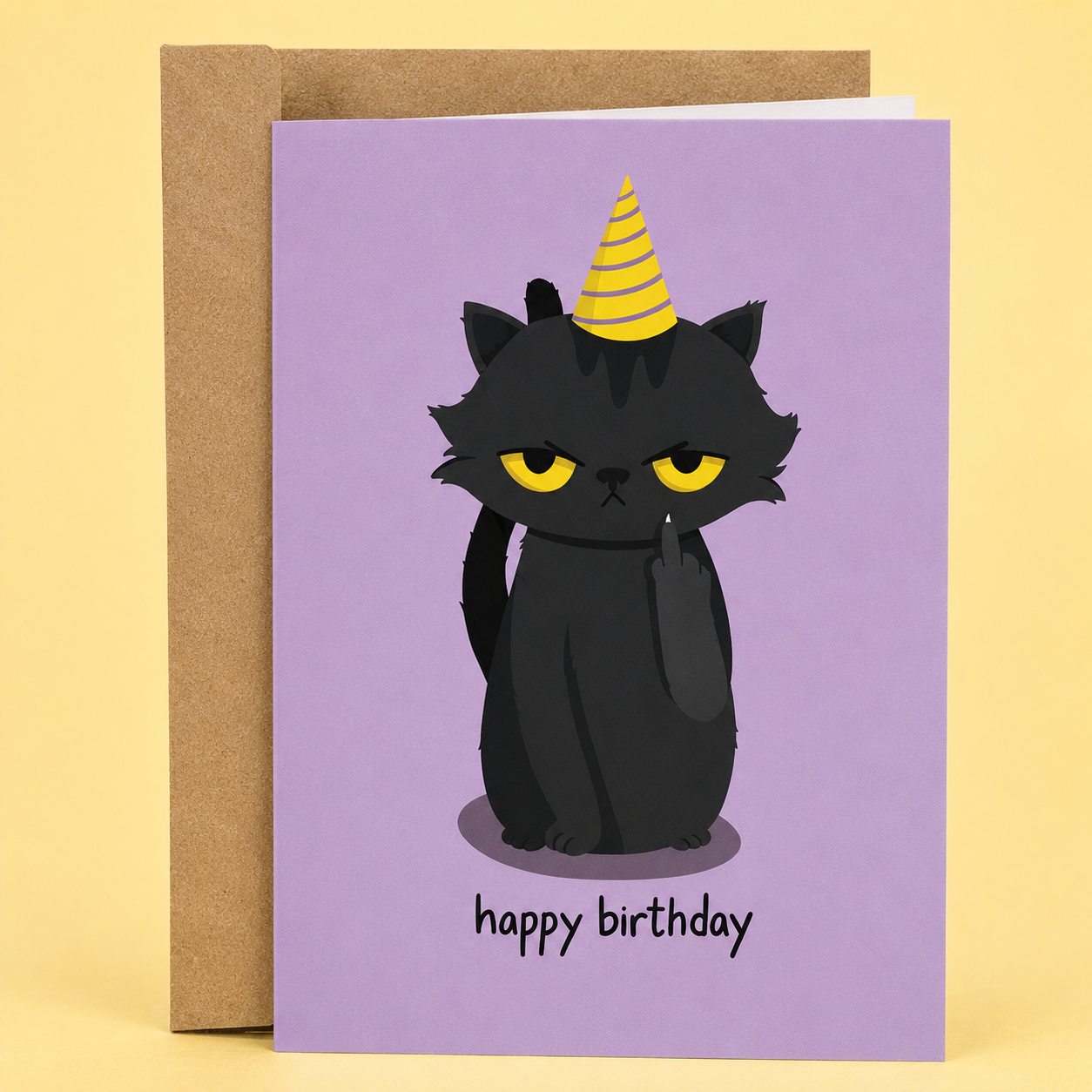 Sleazy Greetings funny cat birthday card featuring a grumpy black cat wearing a yellow striped party hat and giving the middle finger on a lavender background, with the sarcastic message “happy birthday,” paired with a kraft envelope.