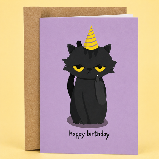 Sleazy Greetings funny cat birthday card featuring a grumpy black cat wearing a yellow striped party hat and giving the middle finger on a lavender background, with the sarcastic message “happy birthday,” paired with a kraft envelope.