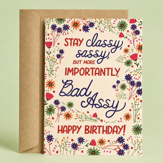 Sleazy Greetings funny birthday card featuring a colorful floral border on a cream background with the playful message “Stay Classy, Sassy, But More Importantly, Bad Assy. Happy Birthday!” paired with a kraft envelope.