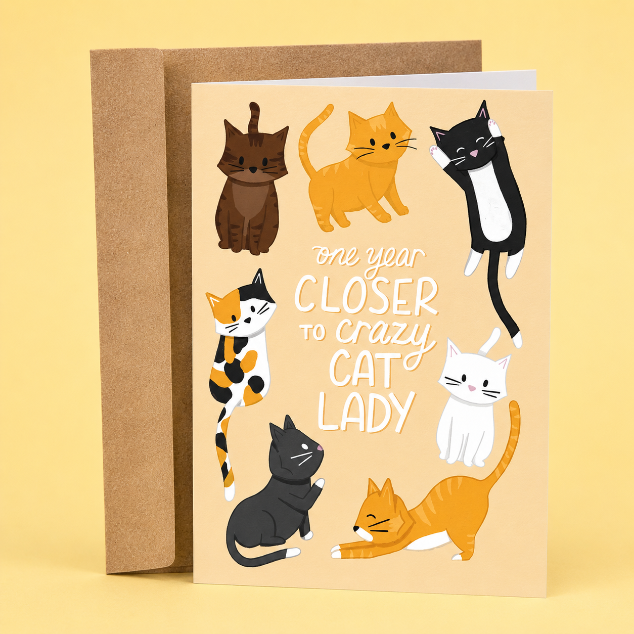 Sleazy Greetings funny birthday card featuring six adorable cartoon cats in different poses on a tan background, with the playful message “One Year Closer To Crazy Cat Lady,” paired with a kraft envelope.