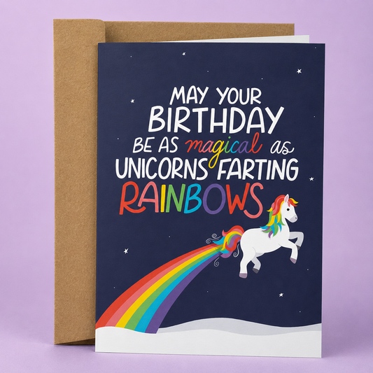 Sleazy Greetings funny unicorn birthday card featuring a unicorn farting a colorful rainbow across a starry night sky, with the whimsical message “May Your Birthday Be As Magical As Unicorns Farting Rainbows,” paired with a kraft envelope.