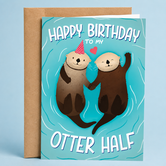Sleazy Greetings funny romantic birthday card featuring two adorable otters floating hand-in-hand in blue water, one wearing a party hat, with the pun-filled message “Happy Birthday To My Otter Half,” paired with a kraft envelope.