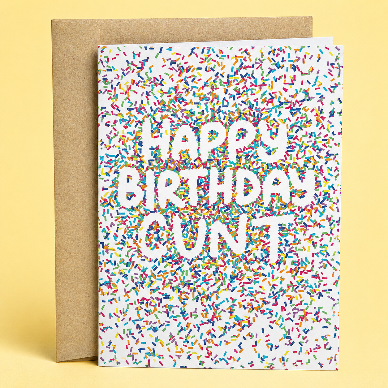 Sleazy Greetings minimalist birthday card featuring a white background completely covered in colorful rainbow sprinkles, with the hidden message “Happy Birthday Cunt” revealed in negative space, paired with a kraft envelope.