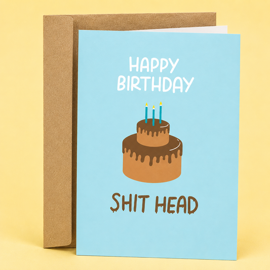 Sleazy Greetings funny birthday card featuring a two-tier chocolate birthday cake on a light blue background with the message “Happy Birthday Shit Head,” paired with a kraft envelope.