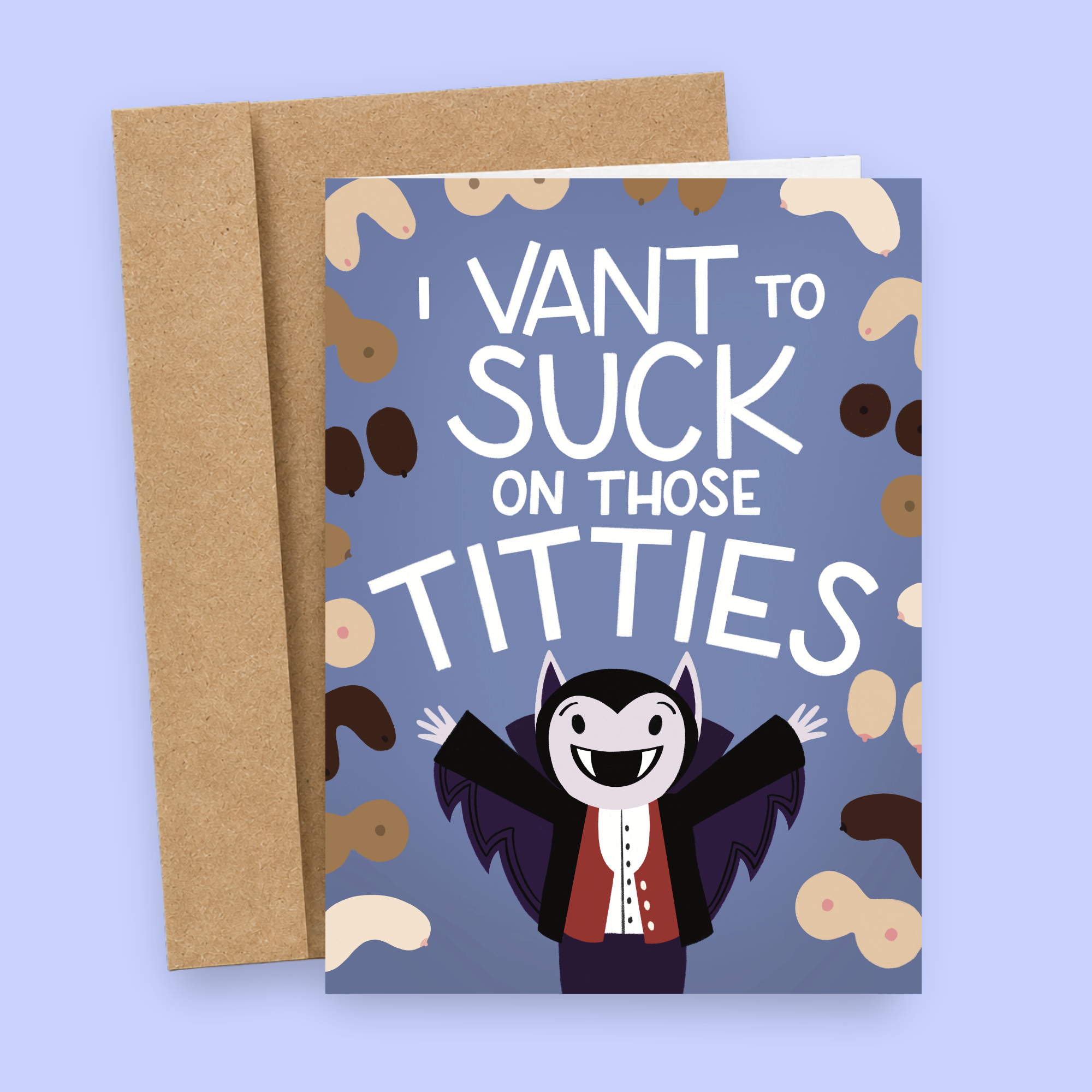 Sleazy Greetings funny Halloween card featuring a cute vampire with outstretched arms on a blue background covered in cartoon breasts, with the cheeky message “I Vant To Suck On Those Titties,” paired with a kraft envelope.