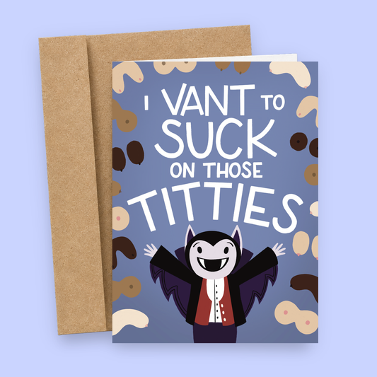 Sleazy Greetings funny Halloween card featuring a cute vampire with outstretched arms on a blue background covered in cartoon breasts, with the cheeky message “I Vant To Suck On Those Titties,” paired with a kraft envelope.