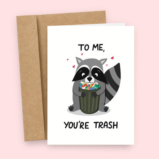 Sleazy Greetings funny insult card featuring a cute raccoon hugging a trash can filled with snacks and garbage on a white background, with the message “To Me, You’re Trash,” paired with a kraft envelope.
