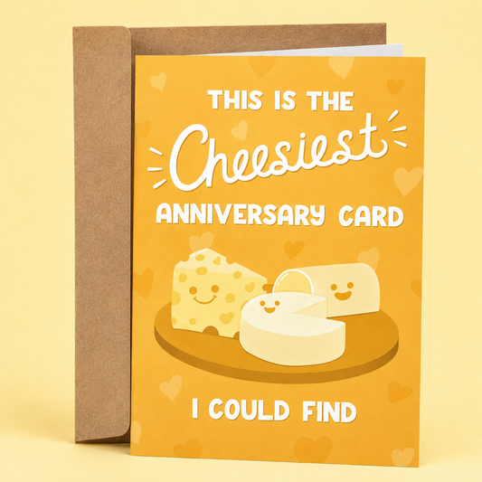 Sleazy Greetings funny anniversary card featuring smiling cheese wedges on a golden yellow background with hearts and the pun “This Is The Cheesiest Anniversary Card I Could Find,” paired with a kraft envelope.