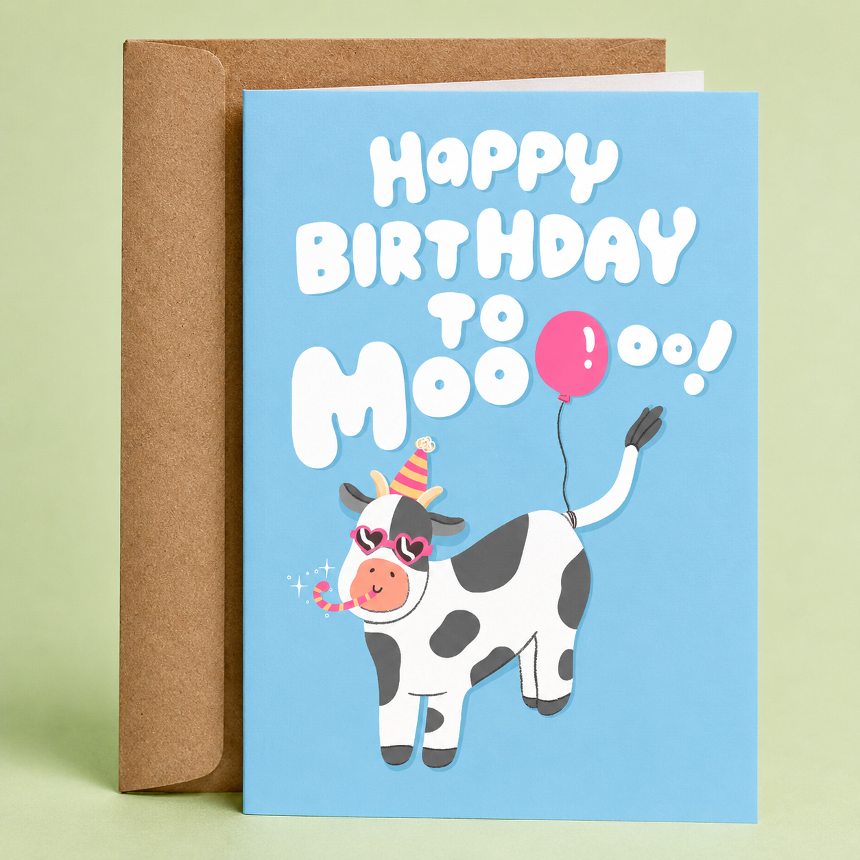 Cute cartoon cow wearing heart-shaped sunglasses and a birthday party hat, holding a pink balloon beneath the phrase “Happy Birthday To Moooo!”, creating a playful farm animal birthday card with cheerful celebration humor on a blue background.