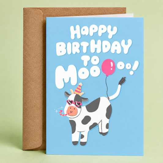 Cute cartoon cow wearing heart-shaped sunglasses and a birthday party hat, holding a pink balloon beneath the phrase “Happy Birthday To Moooo!”, creating a playful farm animal birthday card with cheerful celebration humor on a blue background.