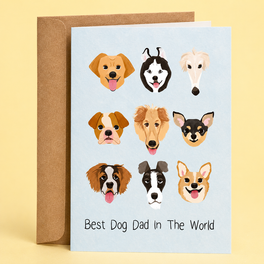 Sleazy Greetings “Best Dog Dad In The World” greeting card featuring a collection of adorable illustrated dog faces including popular breeds such as Golden Retriever, Husky, Corgi, Chihuahua, Saint Bernard, and Border Collie. A thoughtful and heartwarming card for dog dads, pet fathers, puppy owners, animal lovers, Father's Day, birthdays, adoption celebrations, or any occasion honoring the special bond between a man and his dogs.