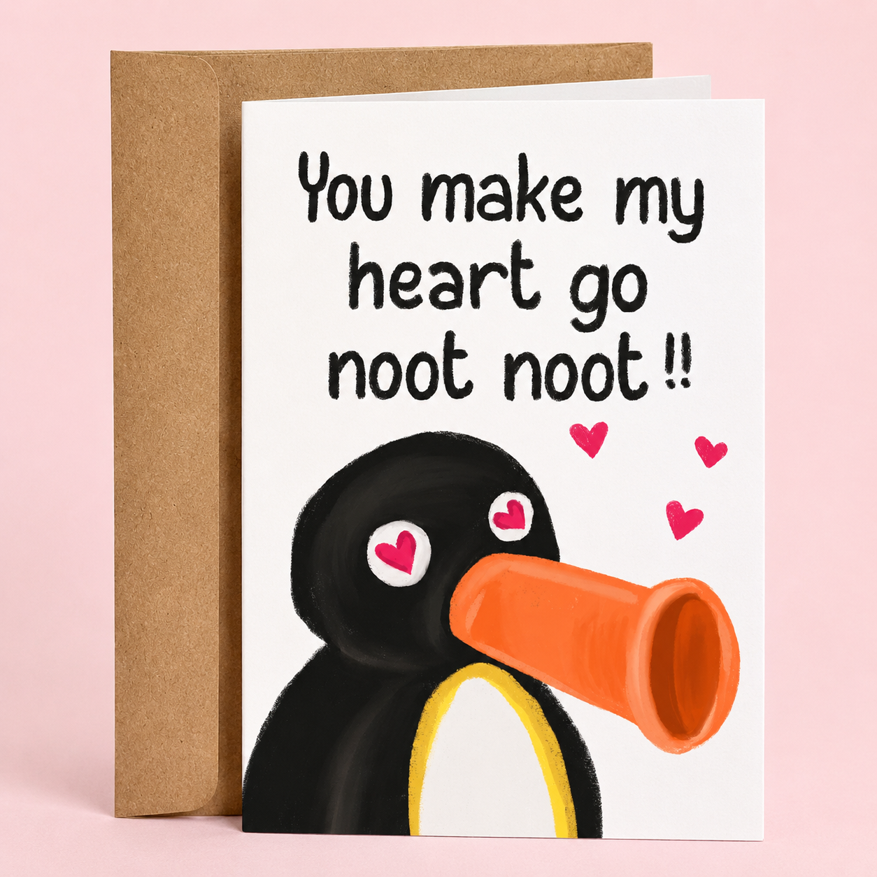 Sleazy Greetings funny penguin love card featuring an adorable noot-noot penguin with heart eyes and an oversized beak, paired with the playful message “You Make My Heart Go Noot Noot!!” Perfect for Valentine’s Day, anniversaries, dating, relationships, animal lovers, penguin fans, or anyone who appreciates cute and quirky romantic humor.