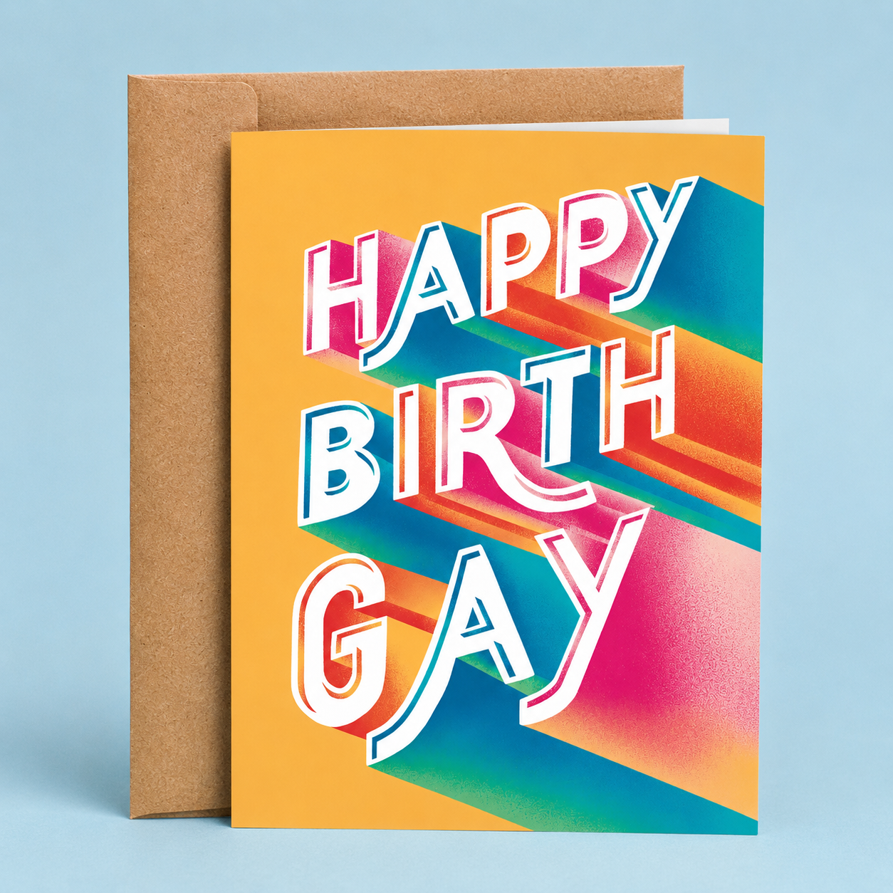 Sleazy Greetings modern typography birthday card featuring bold retro-inspired “Happy Birth Gay” humor with vibrant rainbow-gradient lettering, playful LGBTQ+ wordplay, colorful celebratory design, and cheeky birthday comedy on premium matte cardstock with kraft envelope.