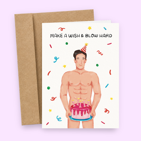 Sleazy Greetings funny birthday card featuring “Make A Wish & Blow Hard” humor with a handsome nude male holding a birthday cake strategically covering himself, playful adult innuendo, cheeky gay birthday comedy, and colorful celebration artwork on premium matte cardstock with kraft envelope.