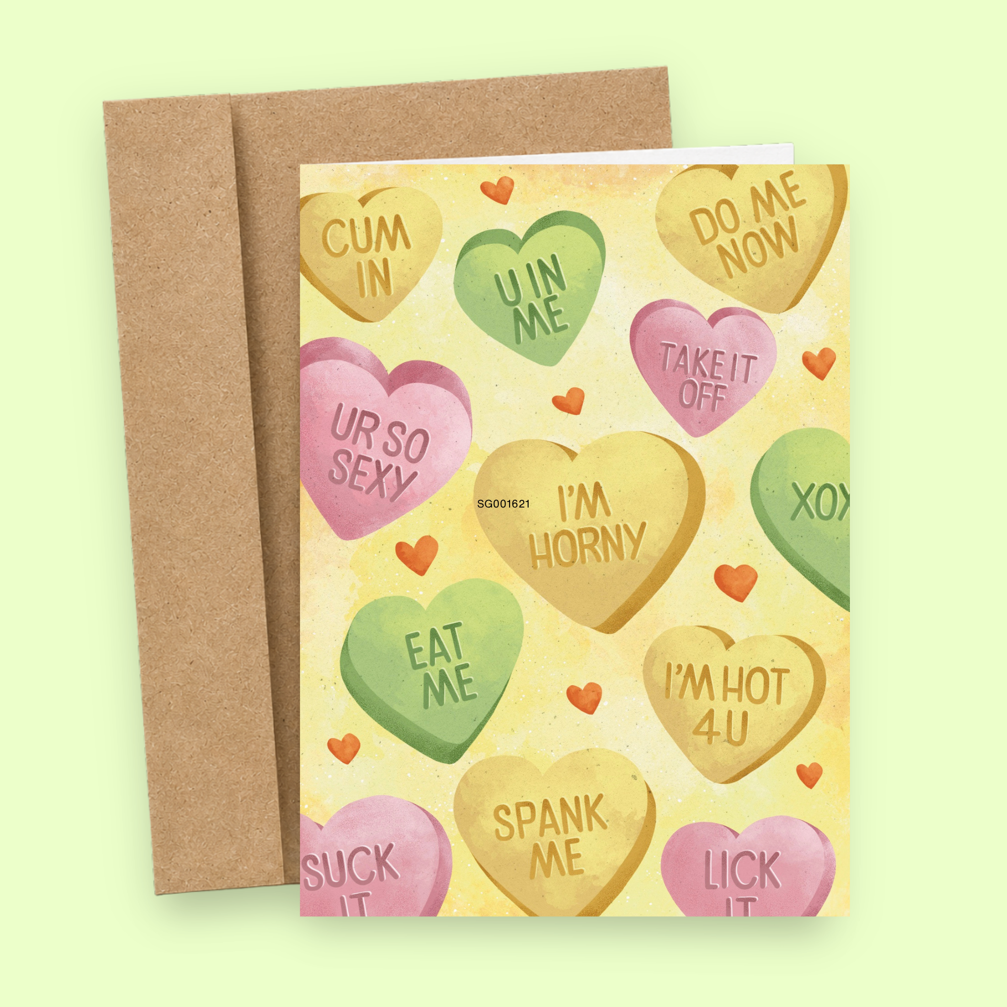 Sleazy Greetings funny adult Valentine’s Day card featuring naughty conversation heart candy illustrations with explicit flirty phrases, retro candy-heart parody humor, bold romantic innuendo comedy, and playful adult love theme on premium matte cardstock with kraft envelope.