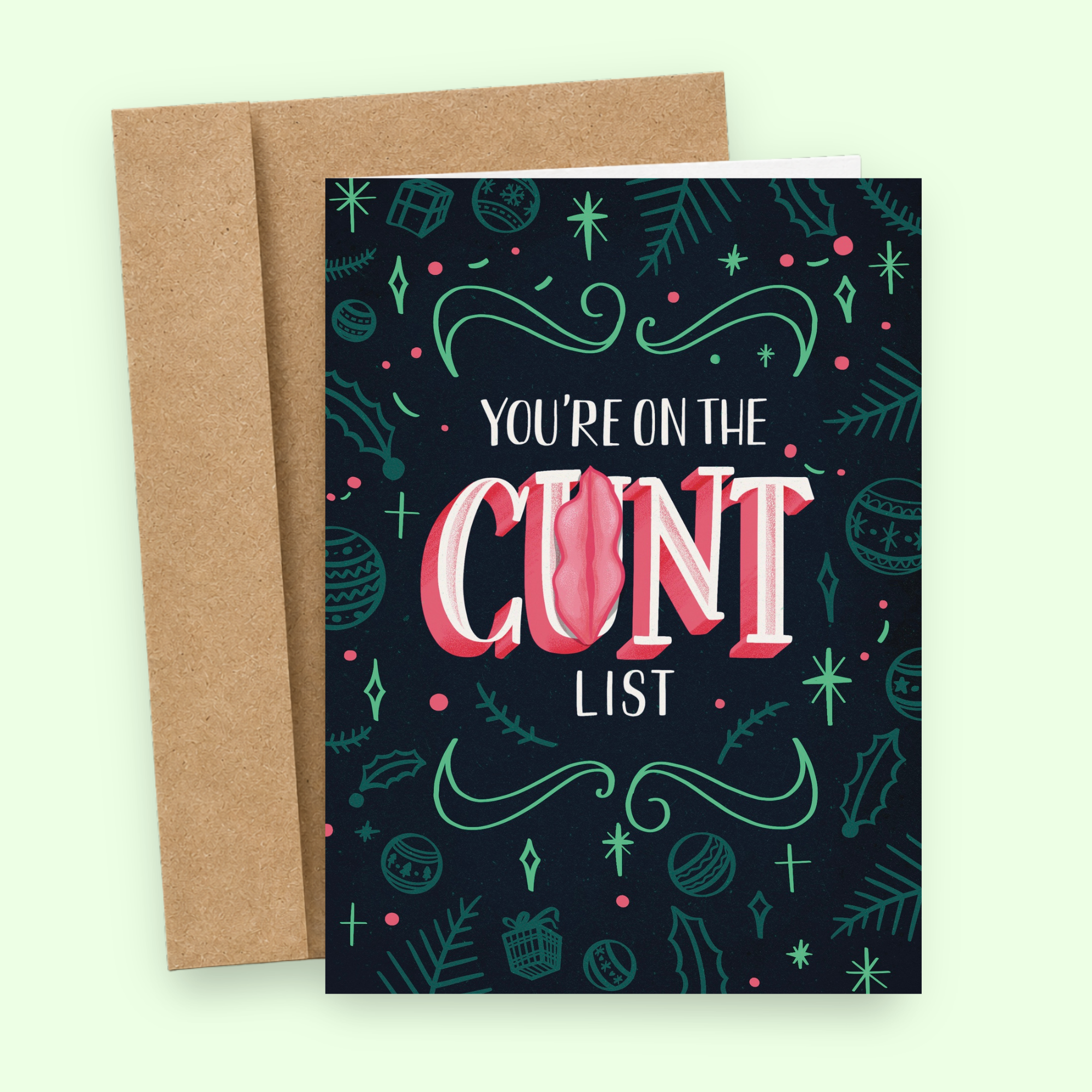 Sleazy Greetings funny Christmas card featuring “You’re On The Cunt List” humor with festive holiday typography, cheeky adult wordplay, naughty Christmas comedy, and decorative winter ornament artwork on premium matte cardstock with kraft envelope.