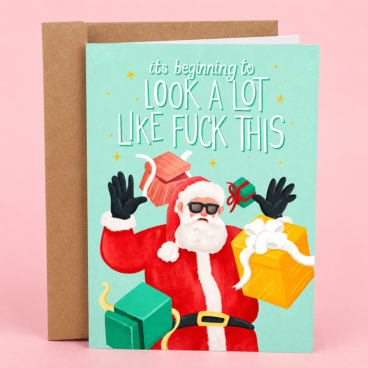 Sleazy Greetings funny Christmas card featuring “It’s Beginning To Look A Lot Like Fuck This” humor with overwhelmed Santa illustration, flying presents, holiday stress comedy, and relatable festive chaos on premium matte cardstock with kraft envelope.