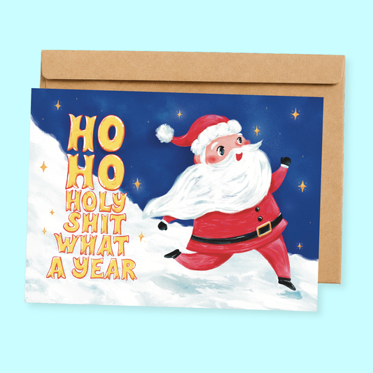 Sleazy Greetings funny Christmas card featuring “Ho Ho Holy Shit What A Year” humor with cheerful retro Santa illustration, sarcastic holiday chaos comedy, and festive vintage-inspired Christmas design on premium matte cardstock with kraft envelope.