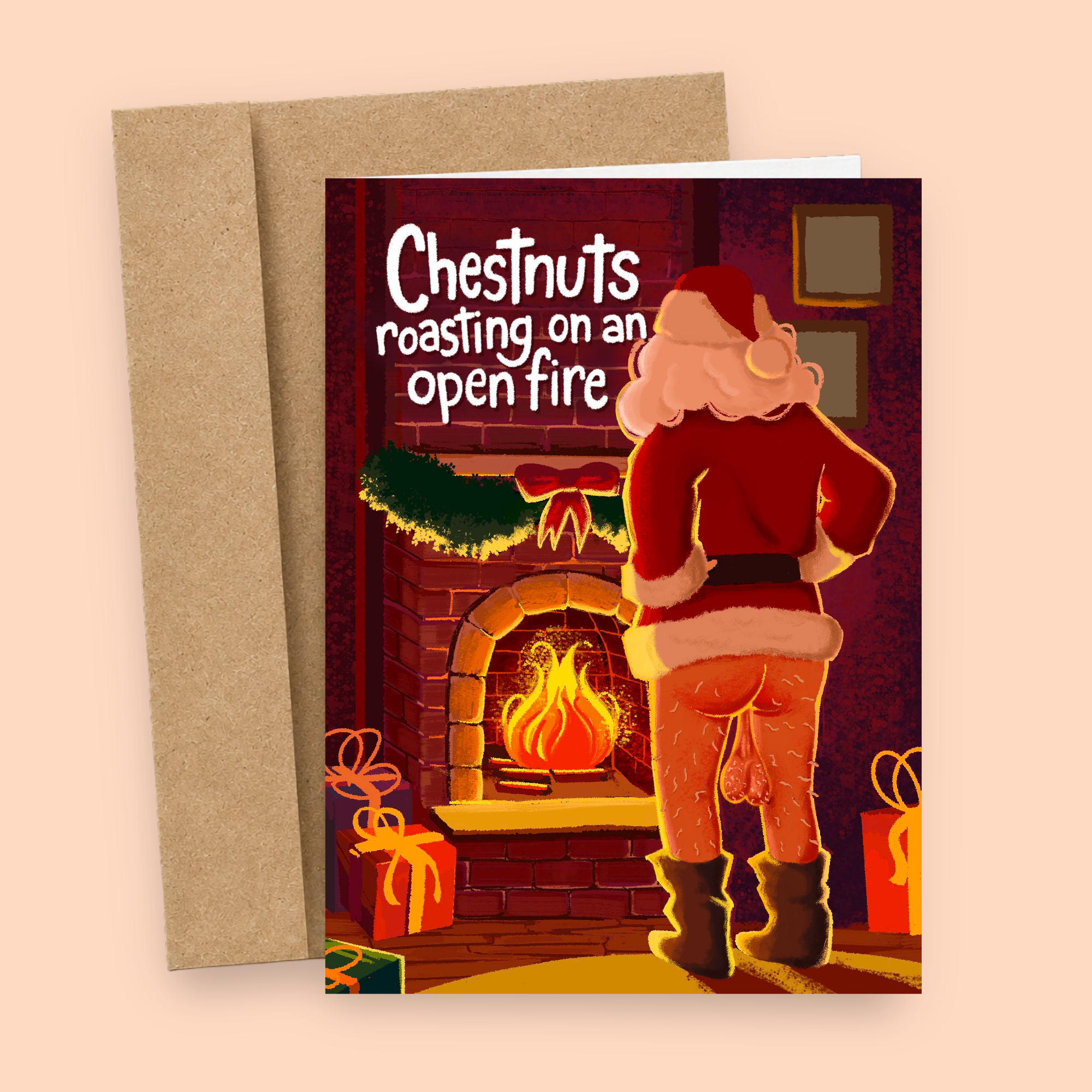 Sleazy Greetings funny Christmas card accessory image featuring matching kraft peel-and-stick envelope with “Chestnuts Roasting on an Open Fire” adult holiday humor, outrageous Santa butt illustration, and chaotic festive comedy presentation. Printed on premium matte cardstock.