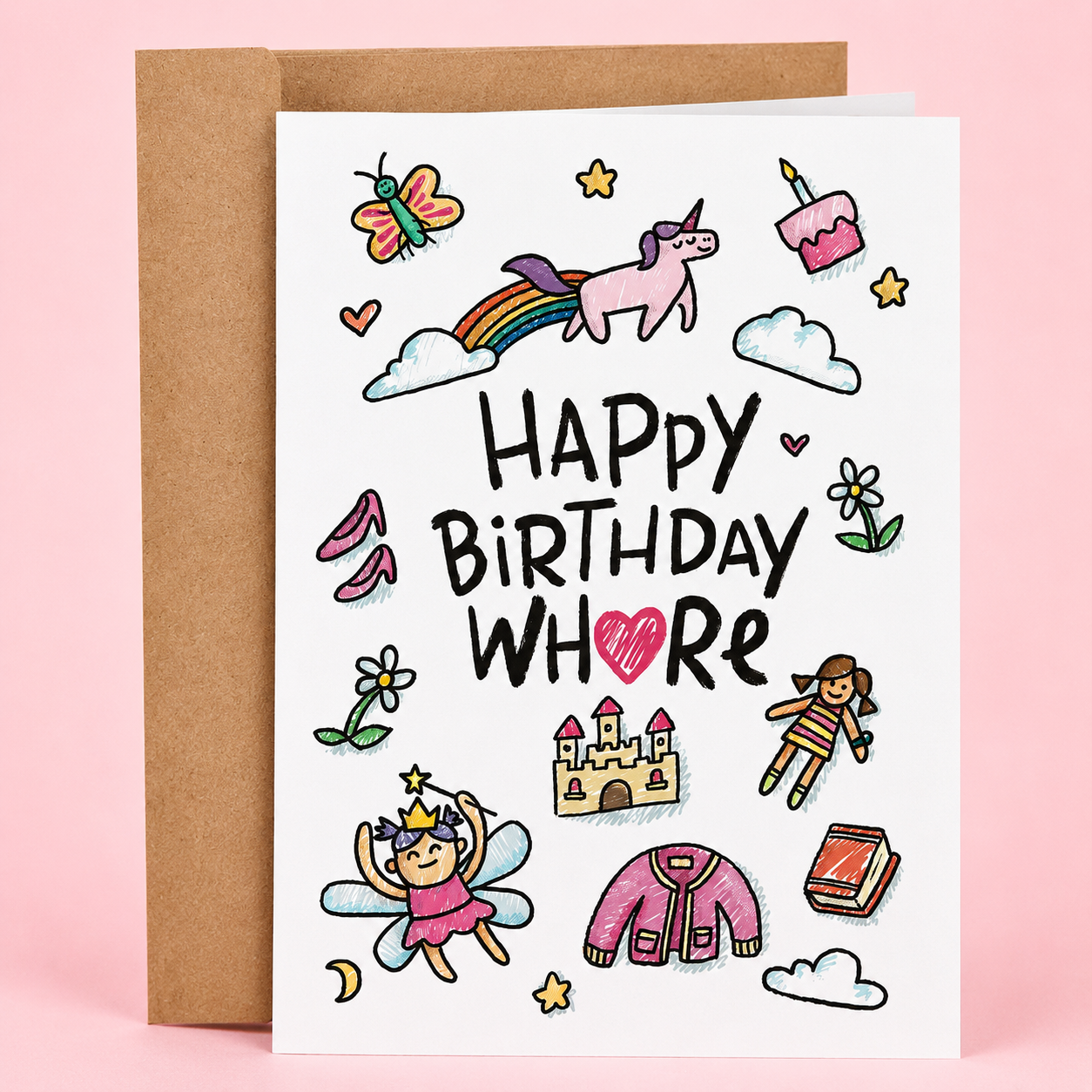 Sleazy Greetings funny birthday card featuring “Happy Birthday Whore” humor with cute girly doodles including unicorns, fairies, rainbows, and princess vibes, blending sweet childish aesthetics with sarcastic adult comedy on premium matte cardstock with kraft envelope.