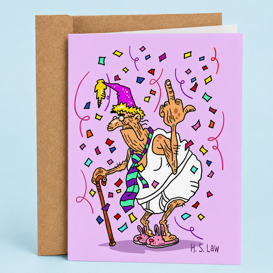 Sleazy Greetings funny birthday card featuring grumpy old lady illustration flipping the middle finger with confetti celebration humor, sarcastic aging comedy, and outrageous party vibes on premium matte cardstock with kraft envelope.