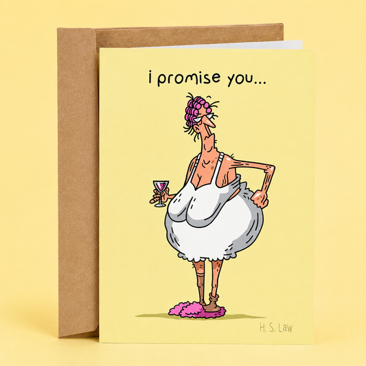 Sleazy Greetings funny birthday card featuring glamorous old lady illustration with oversized saggy boobs, cocktail-in-hand party humor, and sarcastic aging comedy on premium matte cardstock with kraft envelope.