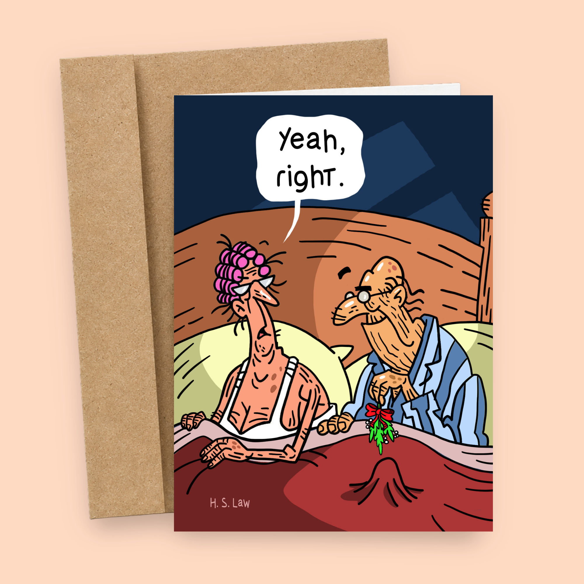 Sleazy Greetings funny Christmas mistletoe card featuring sarcastic elderly couple humor with awkward bedroom scene illustration and “Yeah, right.” punchline on premium matte cardstock with kraft envelope.
