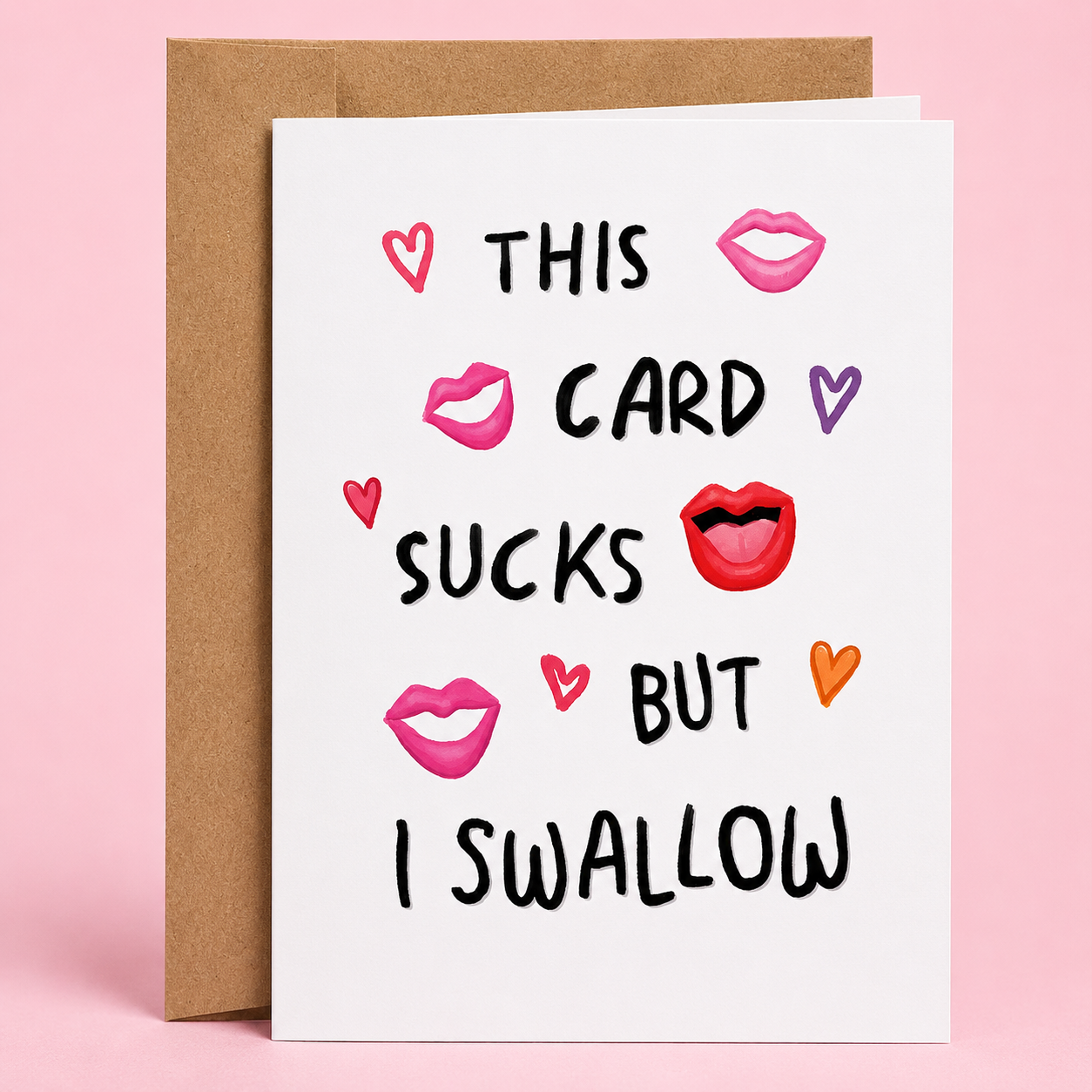 Sleazy Greetings funny adult love card featuring “This card sucks but I swallow” crude humor with lipstick kiss illustrations, flirty adult comedy, and matching peel-and-stick kraft envelope on premium matte cardstock.