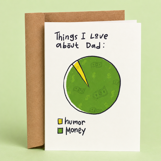 Sleazy Greetings funny Father’s Day card featuring “Things I love about Dad” pie chart humor with sarcastic money joke illustration and playful minimalist design on premium matte cardstock with kraft envelope.